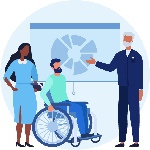 Workplace illustration of 3 people in a blue circle, in front of a display screen. The person in the middle is in a manual wheelchair and the one on the right is wearing a mask.